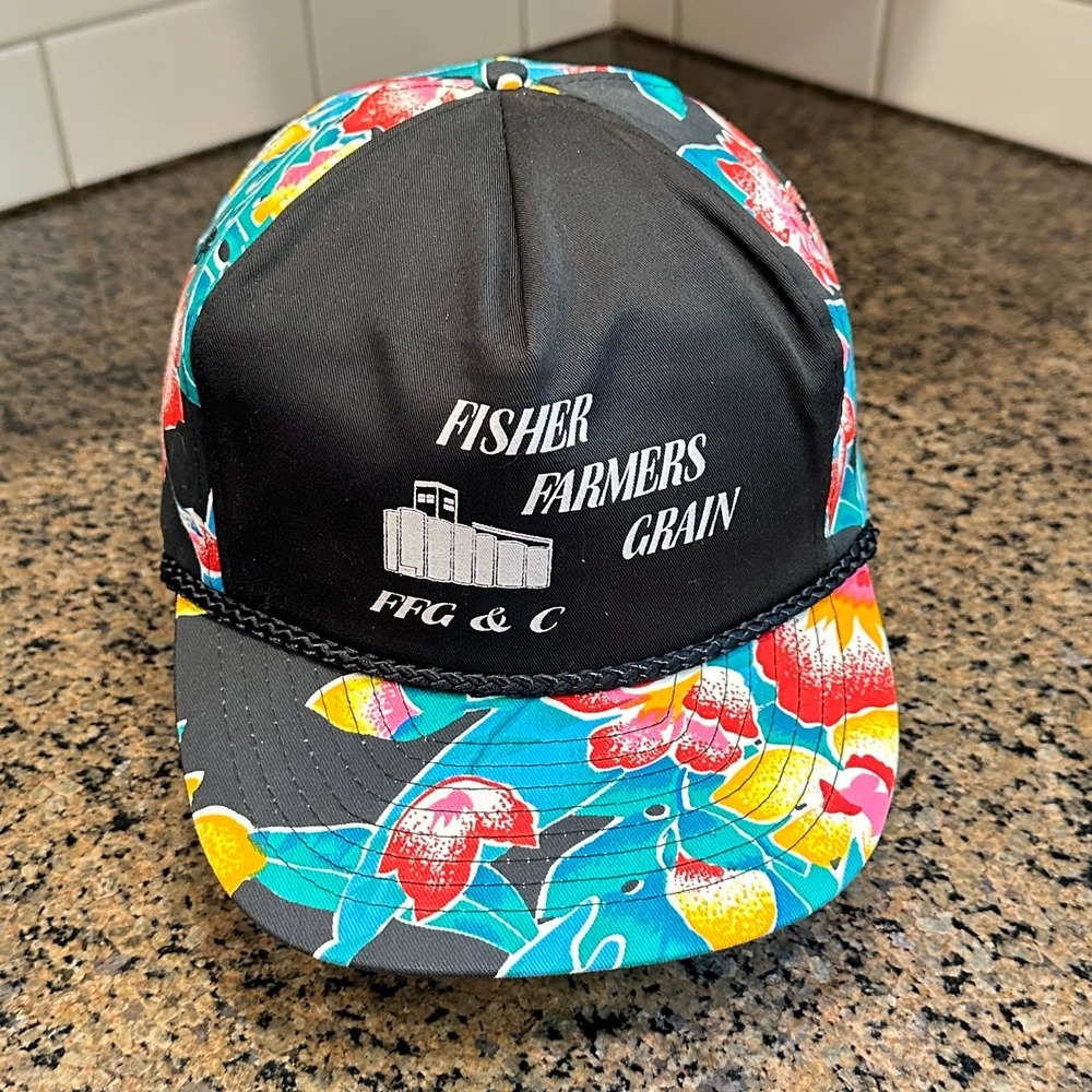 Vtg Fisher Farmers Grain Floral Print NISSUN Trucker Hat Snapback